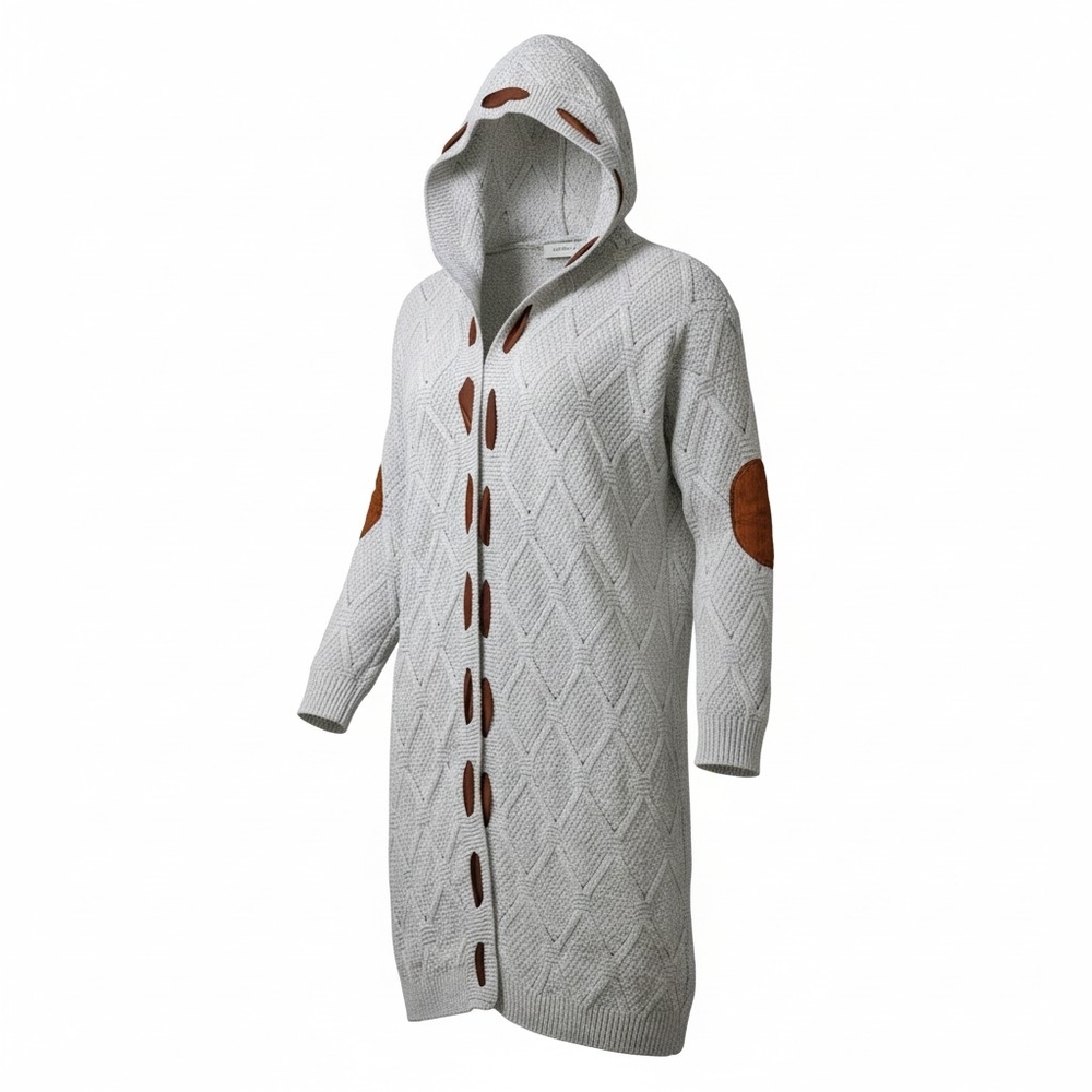 Gray Hooded Knit Cardigan with Brown Accents